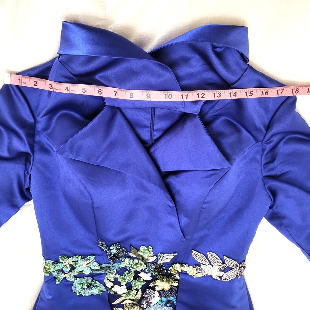Glamora Royal Blue Satin Sheath Embroidered Sequin Gown Portrait Collar Train 8 - Picture 10 of 16